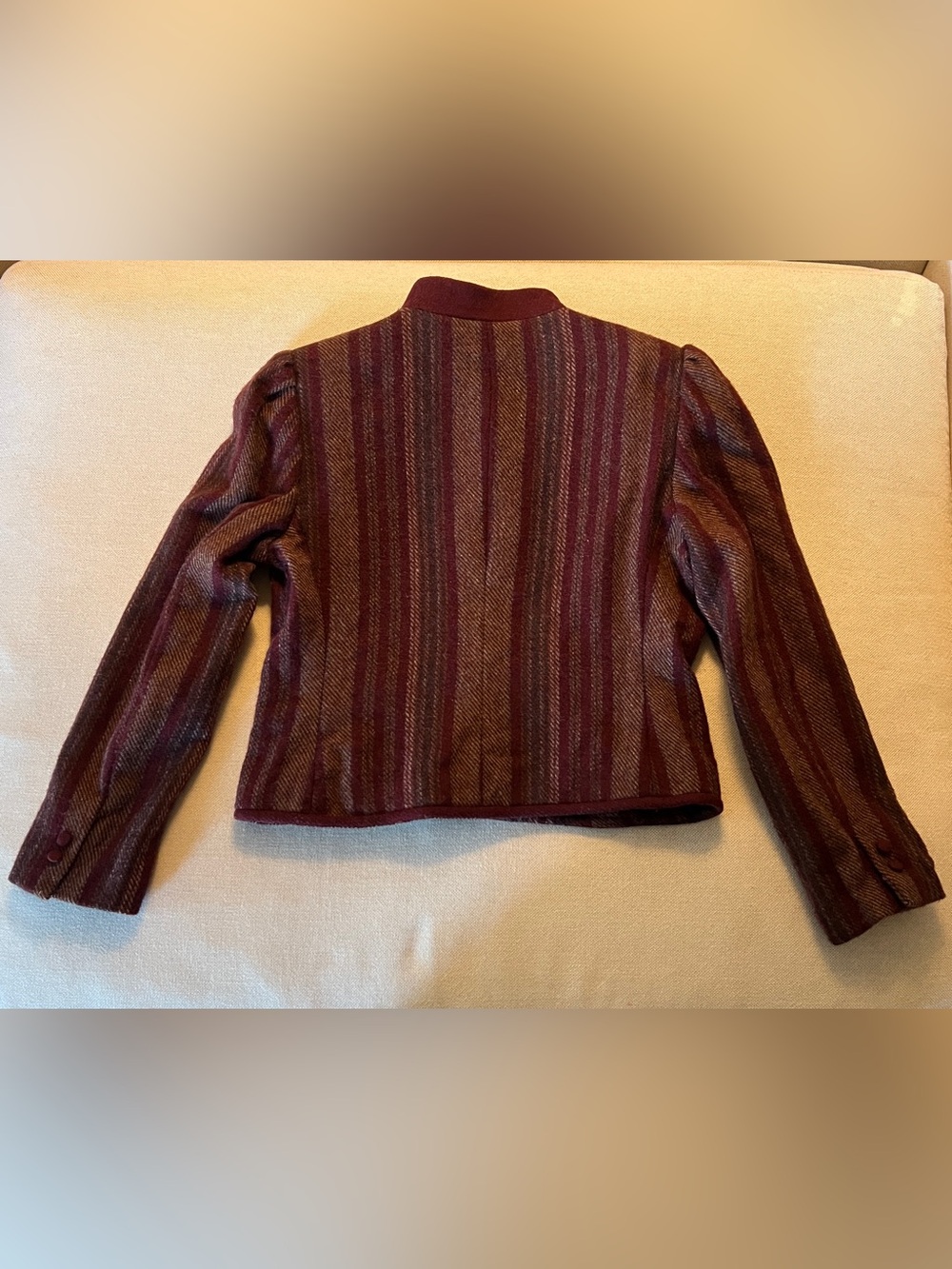 SASSON 100% Wool Mandarin Collar Cropped Stripe Jacket Burgundy Maroon | US M - Picture 6 of 11
